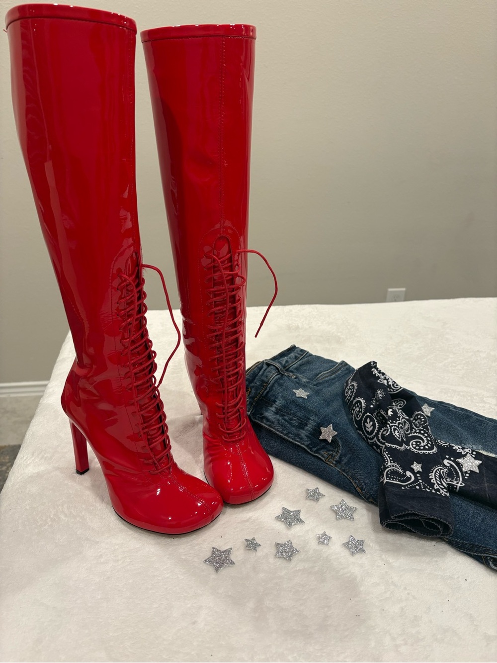 Dries Van Noten Red Patent Sexy Lace-Up OTK Boots Retro Bombshell Vibes
